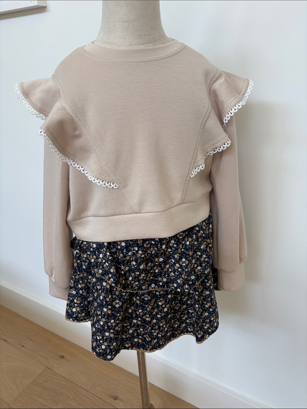 Cream Ruffle Sweatshirt Dress with Navy Floral Skirt - Kids